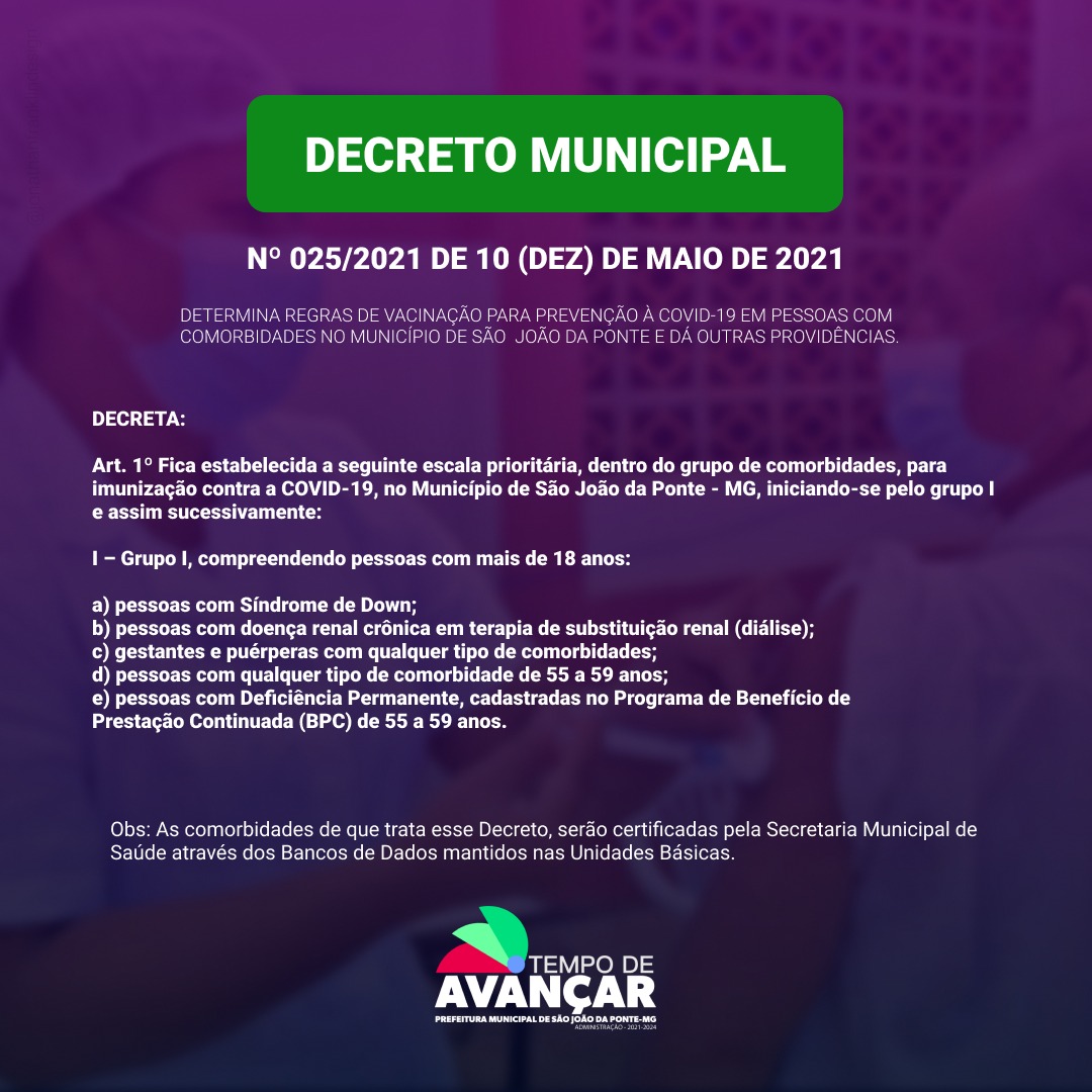 DECRETO MUNICIPAL No 025/2021 DE 10 (DEZ) DE MAIO DE 2021
